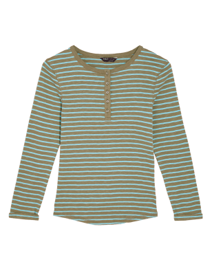 

Womens M&S Collection Pure Cotton Striped Long Sleeve Henley Top - Khaki Mix, Khaki Mix