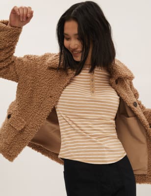 

Womens M&S Collection Langärmeliges, gestreiftes Henley-Oberteil aus reiner Baumwolle - Beige Mix, Beige Mix