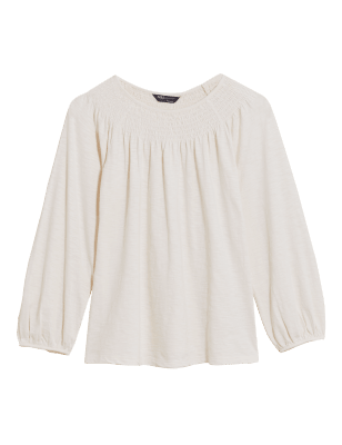 

M&S Collection Blusa 100% algodón de manga 3/4 con detalle de fruncidoWomens - White, White