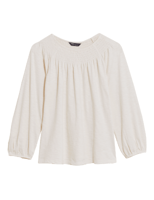 

Womens M&S Collection Pure Cotton Smocked Detail 3/4 Sleeve Top - White, White