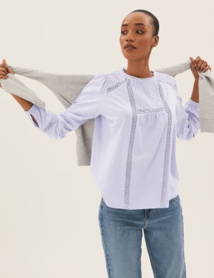 

Womens M&S Collection Pure Cotton Lace Insert Long Sleeve Top - Pale Lilac, Pale Lilac
