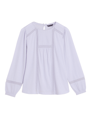 

Womens M&S Collection Langarmoberteil aus reiner Baumwolle mit Spitzeneinsatz - Pale Lilac, Pale Lilac