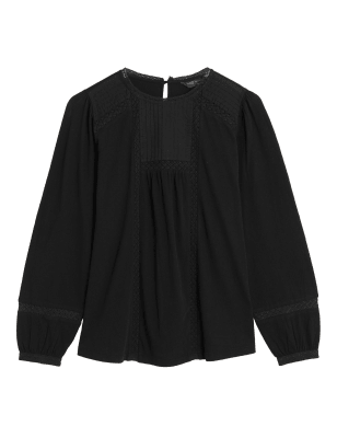 

Womens M&S Collection Pure Cotton Lace Insert Long Sleeve Top - Black, Black