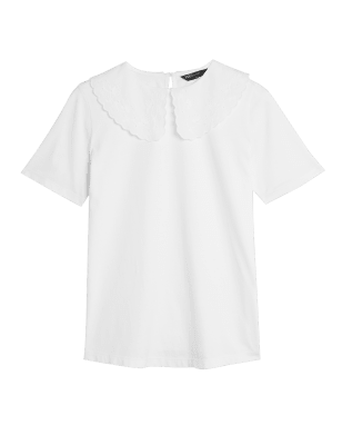 

Womens M&S Collection Pure Cotton Embroidered Collared Top - White, White