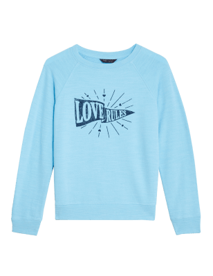 

Womens M&S Collection Pure Cotton Slogan Crew Neck Sweatshirt - Blue Mix, Blue Mix