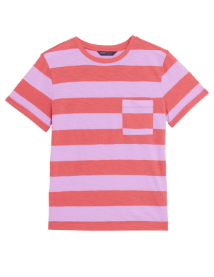 

Womens M&S Collection T-Shirt aus reiner Baumwolle mit Streifen und Tasche - Pink Mix, Pink Mix