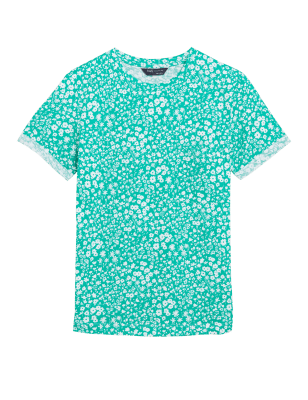 

Womens M&S Collection Bedrucktes T-Shirt aus reiner Baumwolle mit Rundhalsausschnitt - Green Mix, Green Mix