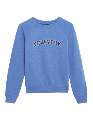 

Womens M&S Collection Pure Cotton Slogan Long Sleeve Sweatshirt - Blue Mix, Blue Mix
