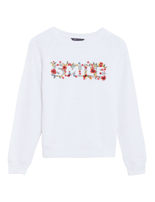 Womens M&S Collection Pure Cotton Slogan Long Sleeve Sweatshirt - White Mix