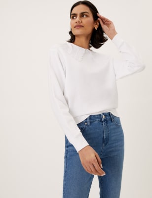 

Womens M&S Collection Pure Cotton Embroidered Collared Sweatshirt - White, White