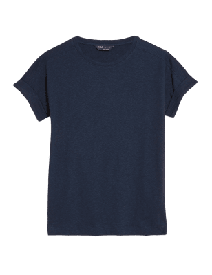 

Womens M&S Collection Linen Rich Short Sleeve T-Shirt - Navy, Navy