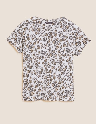 

Womens M&S Collection Linen Rich Animal Print T-Shirt - Ivory Mix, Ivory Mix
