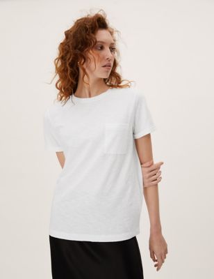 Womens M&S Collection Pure Cotton Crew Neck T-Shirt - White, White