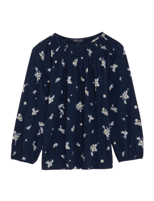 

Womens M&S Collection Geblümtes Oberteil aus reiner Baumwolle mit 3/4-Arm und Rundhalsausschnitt - Navy Mix, Navy Mix