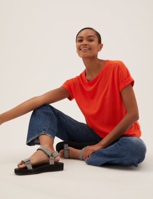 

Womens M&S Collection Linen Rich Crew Neck T-Shirt - Orange, Orange