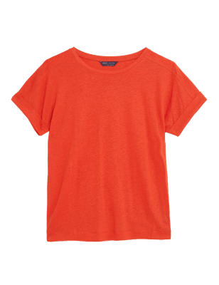 

Womens M&S Collection Linen Rich Crew Neck T-Shirt - Orange, Orange