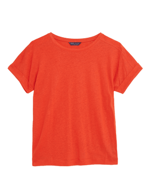 

Womens M&S Collection T-Shirt mit hohem Leinenanteil und Rundhalsausschnitt - Orange, Orange