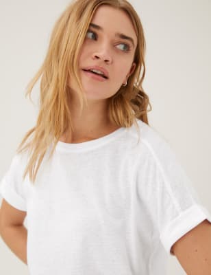 

Womens M&S Collection Linen Rich Crew Neck T-Shirt - White, White