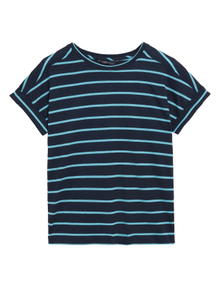 

Womens M&S Collection Linen Rich Striped Crew Neck T-Shirt - Blue Mix, Blue Mix