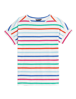 

M&S Collection Camiseta de lino de rayas con escote cerradoWomens - White Mix, White Mix