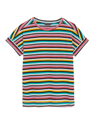 

M&S Collection Camiseta de lino de rayas con escote cerradoWomens - Multi, Multi