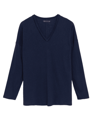 

M&S Collection Top largo de manga larga de lino de escote en picoWomens - Navy, Navy