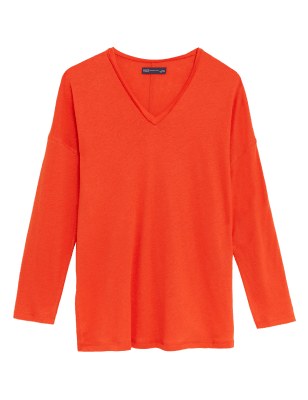 

Womens M&S Collection Lang geschnittenes Langarmoberteil mit hohem Leinenanteil und V-Ausschnitt - Orange, Orange