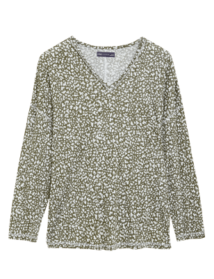

Womens M&S Collection Lang geschnittenes Oberteil mit V-Ausschnitt, hohem Leinenanteil und Muster - Khaki Mix, Khaki Mix