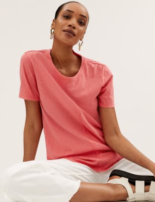 

Womens M&S Collection Pure Cotton Crew Neck Longline T-Shirt - Bright Coral, Bright Coral