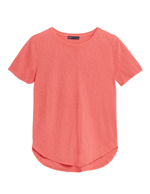 

Womens M&S Collection Pure Cotton Crew Neck Longline T-Shirt - Bright Coral, Bright Coral