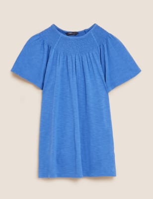 

Womens M&S Collection Pure Cotton Crew Neck Smocked T-Shirt - Blue, Blue