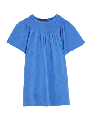 

Womens M&S Collection Pure Cotton Crew Neck Smocked T-Shirt - Blue, Blue