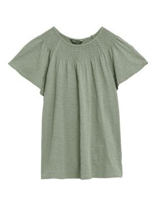 

Womens M&S Collection Pure Cotton Crew Neck Smocked T-Shirt - Khaki, Khaki