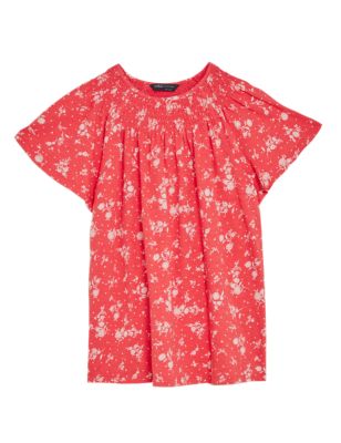 

Womens M&S Collection Pure Cotton Printed Smocked Detail Blouses - Coral Mix, Coral Mix