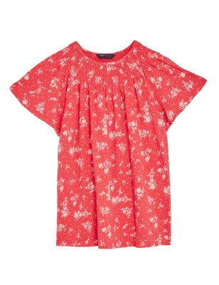 

Womens M&S Collection Pure Cotton Printed Smocked Detail Blouses - Coral Mix, Coral Mix