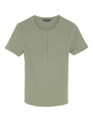 

M&S Collection Top Henley acanalado de algodónWomens - Khaki, Khaki