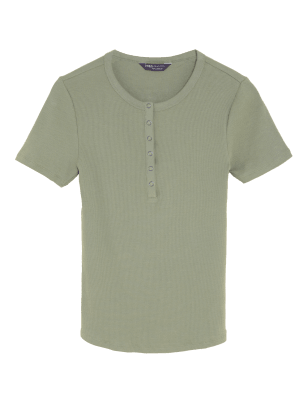 

Womens M&S Collection Cotton Rich Ribbed Henley Top - Khaki, Khaki