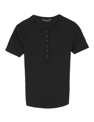 

Womens M&S Collection Geripptes Henley-Oberteil mit hohem Baumwollanteil - Black, Black