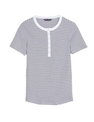 

Womens M&S Collection Cotton Rich Striped Ribbed Henley Short Sleeve Top - Navy Mix, Navy Mix