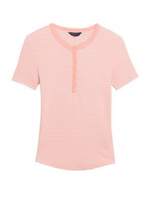 

Womens M&S Collection Cotton Rich Striped Ribbed Henley Short Sleeve Top - Peach Mix, Peach Mix