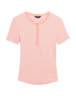 

Womens M&S Collection Cotton Rich Striped Ribbed Henley Short Sleeve Top - Peach Mix, Peach Mix