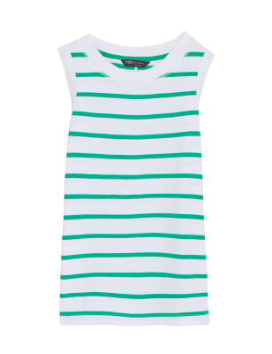 

Womens M&S Collection Gestreiftes, ärmelloses Unterhemd aus reiner Baumwolle - Green Mix, Green Mix