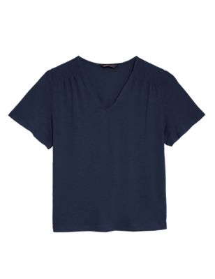 

Womens M&S Collection Linen Rich V-Neck Smocked Detail T-Shirt - Navy, Navy