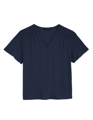 

Womens M&S Collection Linen Rich V-Neck Smocked Detail T-Shirt - Navy, Navy