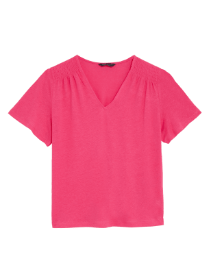 

Womens M&S Collection Linen Rich V-Neck Smocked Detail T-Shirt - Fuchsia, Fuchsia