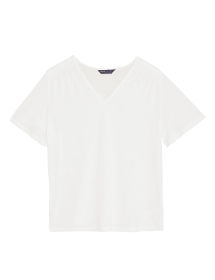 

Womens M&S Collection T-Shirt mit Smokdetail, V-Ausschnitt und hohem Leinenanteil - Ivory, Ivory