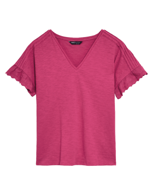 

M&S Collection Camiseta 100% algodón de escote en pico bordadoWomens - Fuchsia, Fuchsia