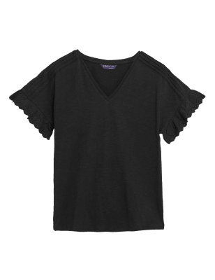 

Womens M&S Collection Pure Cotton Embroidered V-Neck T-Shirt - Black, Black