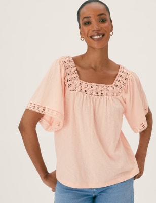 Pure Cotton Embroidered Square Neck Top