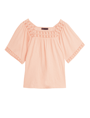 

Womens M&S Collection Pure Cotton Embroidered Square Neck Top - Pink, Pink